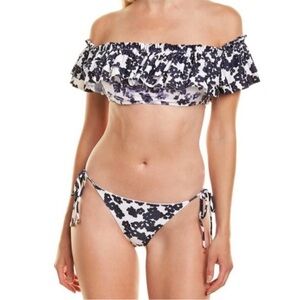 Rachel Roy Ruffle top off shoulder Bikini tie side bottoms blue white Medium